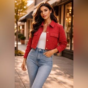 Privy Buckle Cropped Textured Jacket Red Medium Button Front Shacket Womens